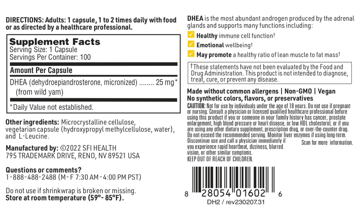 SFI Health DHEA 25mg capsule sur une surface