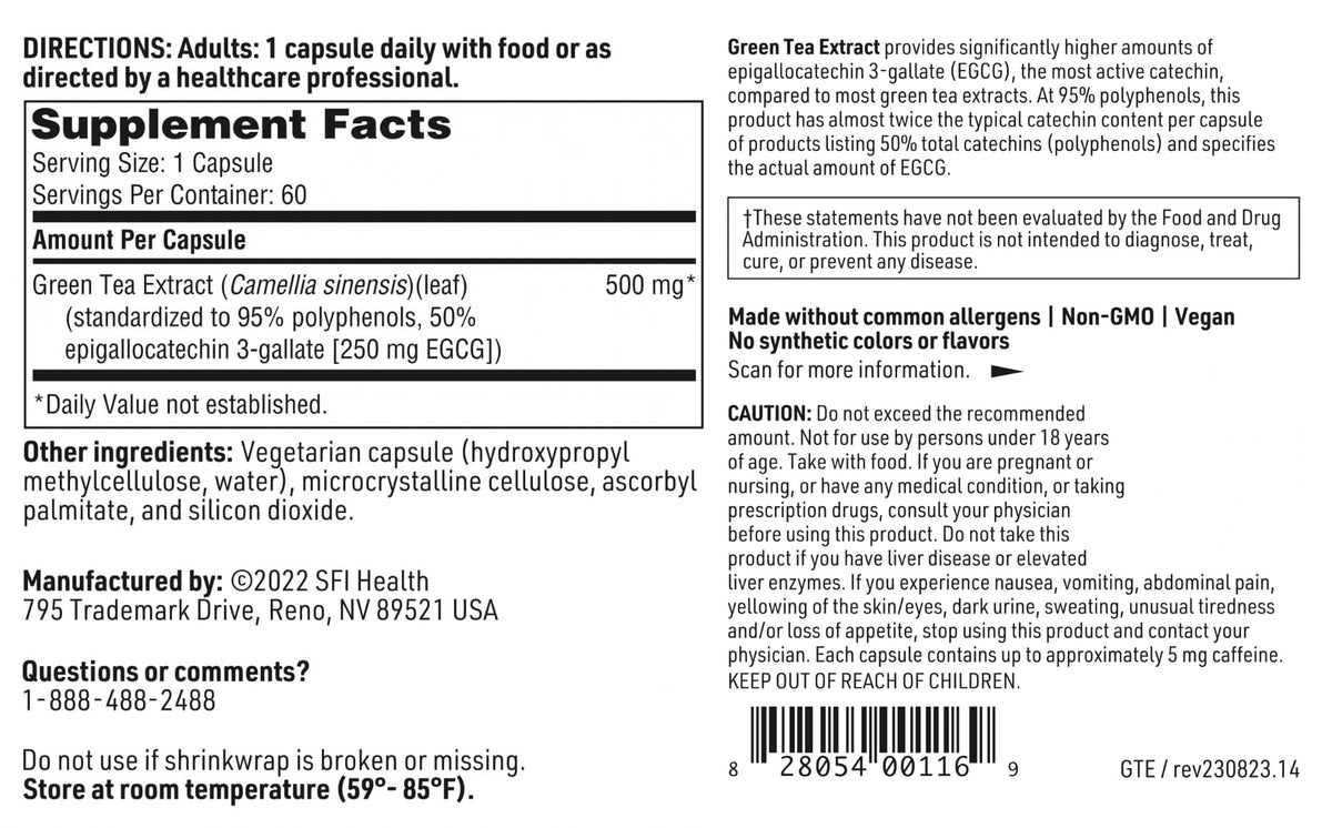 SFI Health Extrait de Thé Vert - capsules sur une table