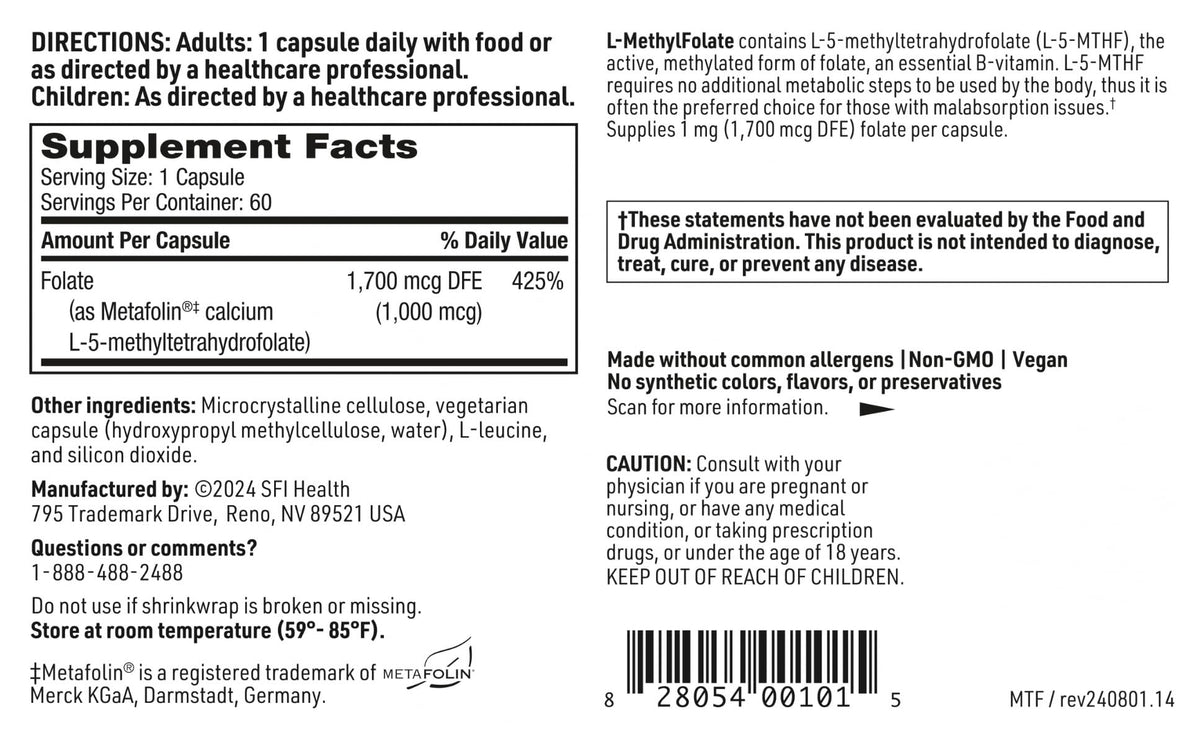 SFI Health L-Méthylfolate 60 Capsules ouverte avec capsules visibles