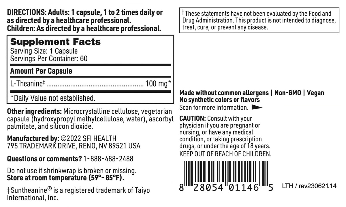 SFI Health L-Theanine emballage avec informations nutritionnelles