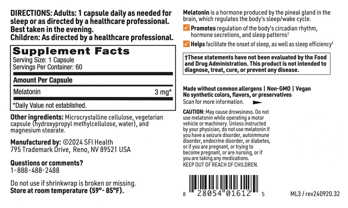 SFI Health Melatonin 3 mg, boîte ouverte avec capsules