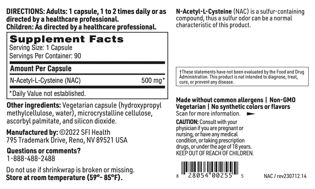 SFI Health N-Acetyl-L-Cysteine vegetarian capsule on a surface