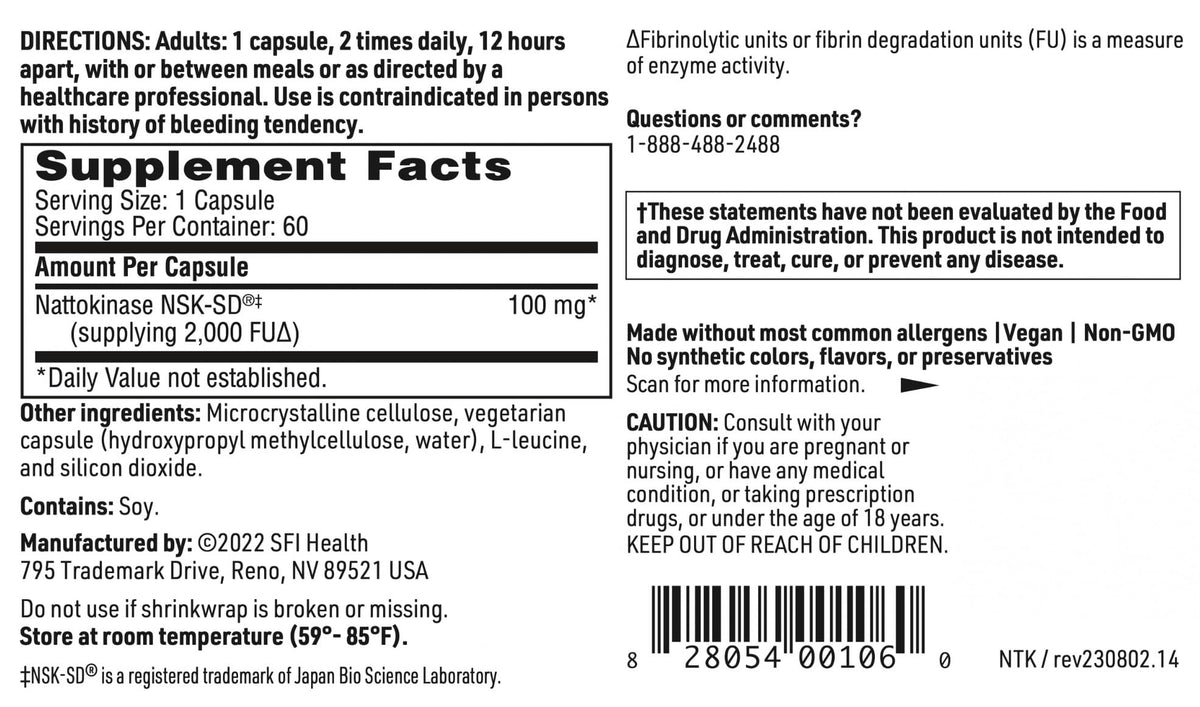 SFI Health Nattokinase NSK-SD 60 capsules avec verre d'eau