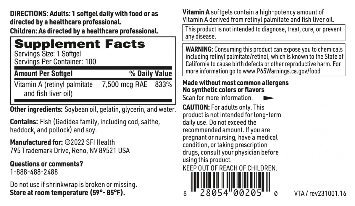 SFI Health Vitamine A 25 000 UI gélules molles sur une table