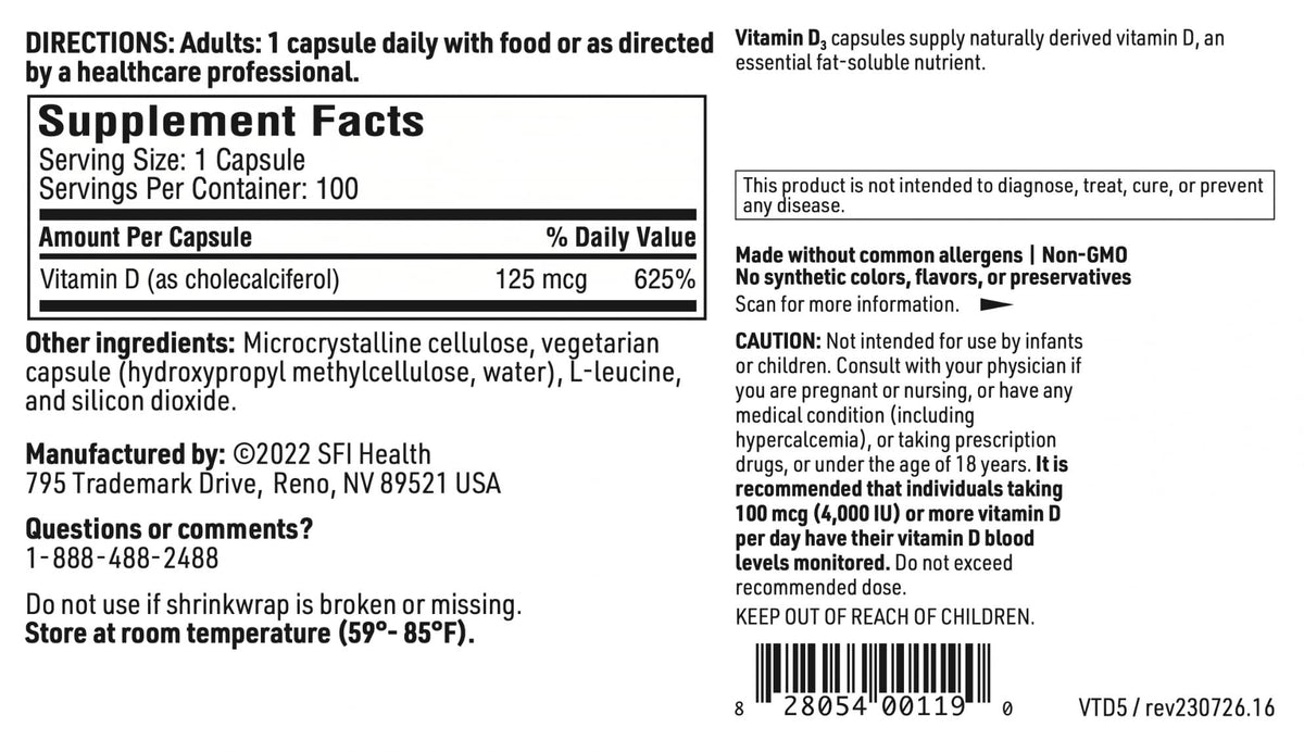 SFI Health Vitamine D3 5000 IU 100 Capsules ouvert