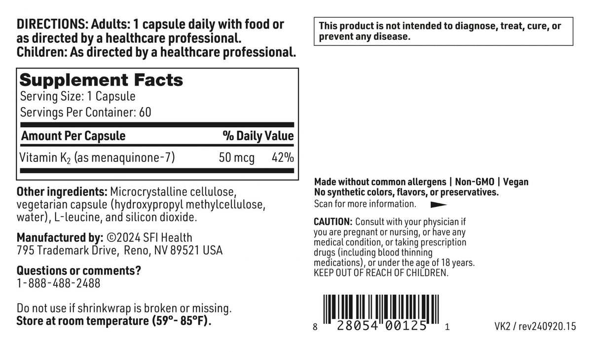 SFI Health Vitamine K2 60 capsules avec étiquette visible