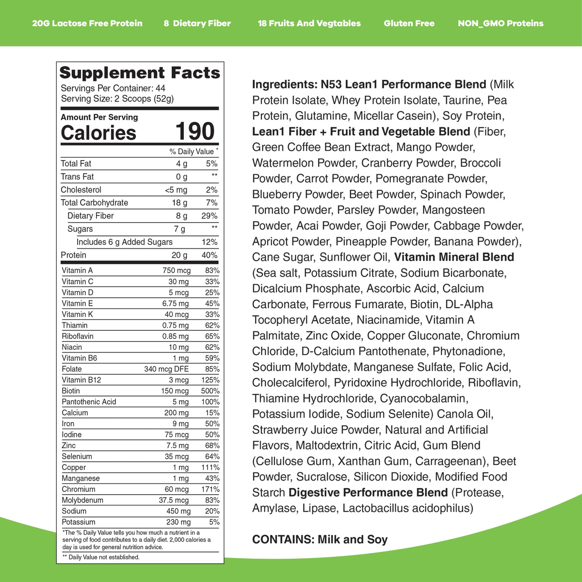 Shake de remplacement de repas LEAN1 dans un verre avec des fruits