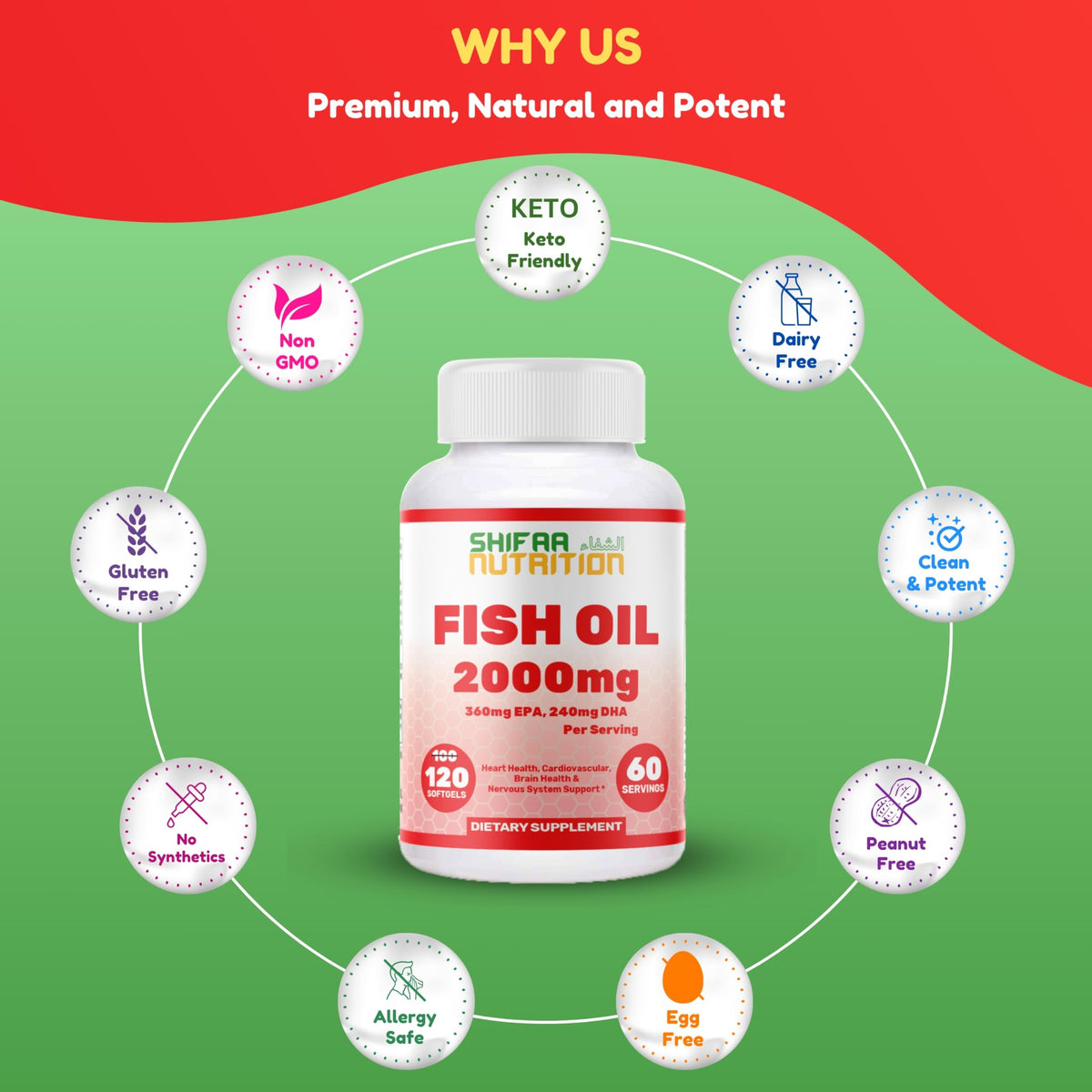 SHIFAA NUTRITION Huile de Poisson Omega 3 Halal 2000mg avec des ingrédients naturels