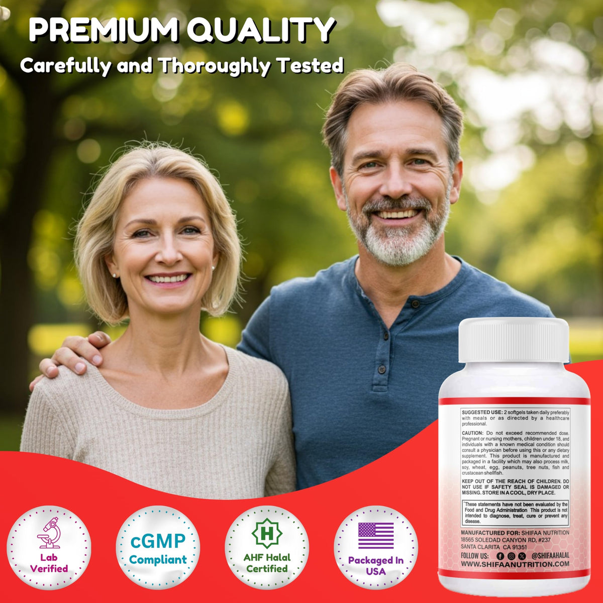 SHIFAA NUTRITION Huile de Poisson Omega 3 Halal 2000mg sur un fond blanc