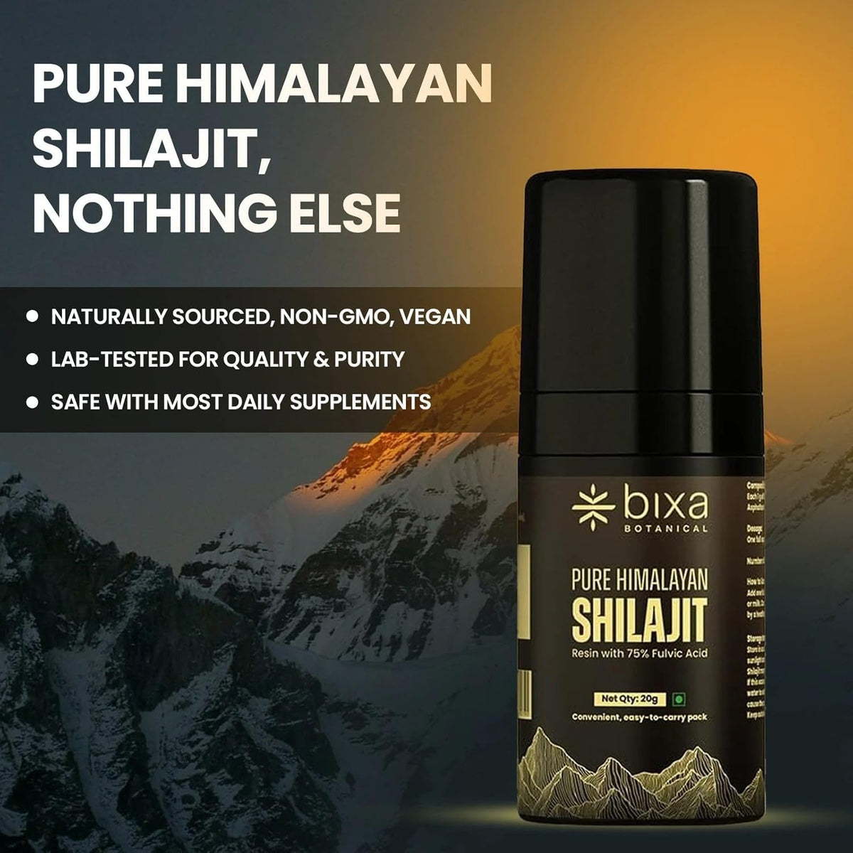 Shilajit bixa BOTANICAL affiché avec des éléments ayurvédiques