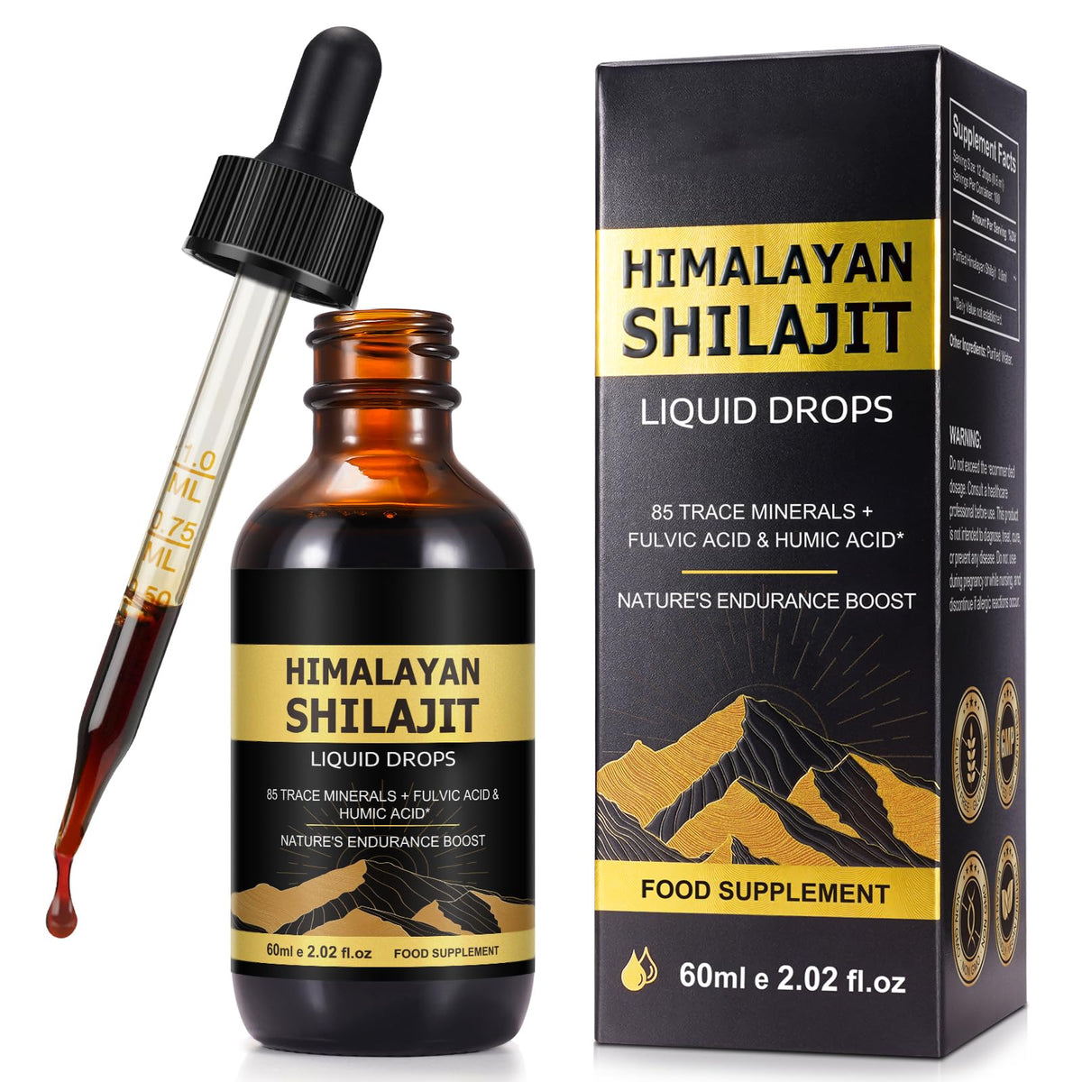 Shilajit Himalayen en gouttes vue avant avec étiquette