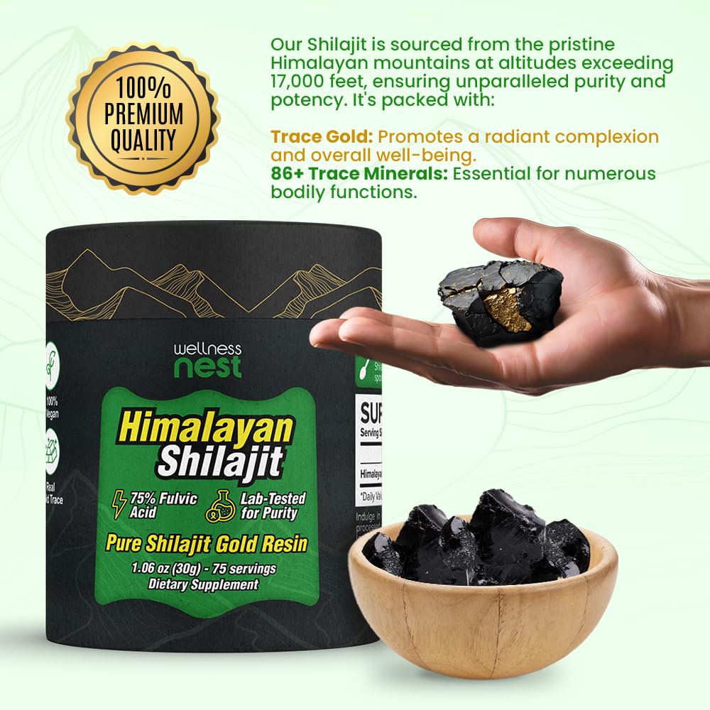 Shilajit Himalayen Wellness Nest avec étiquette visible