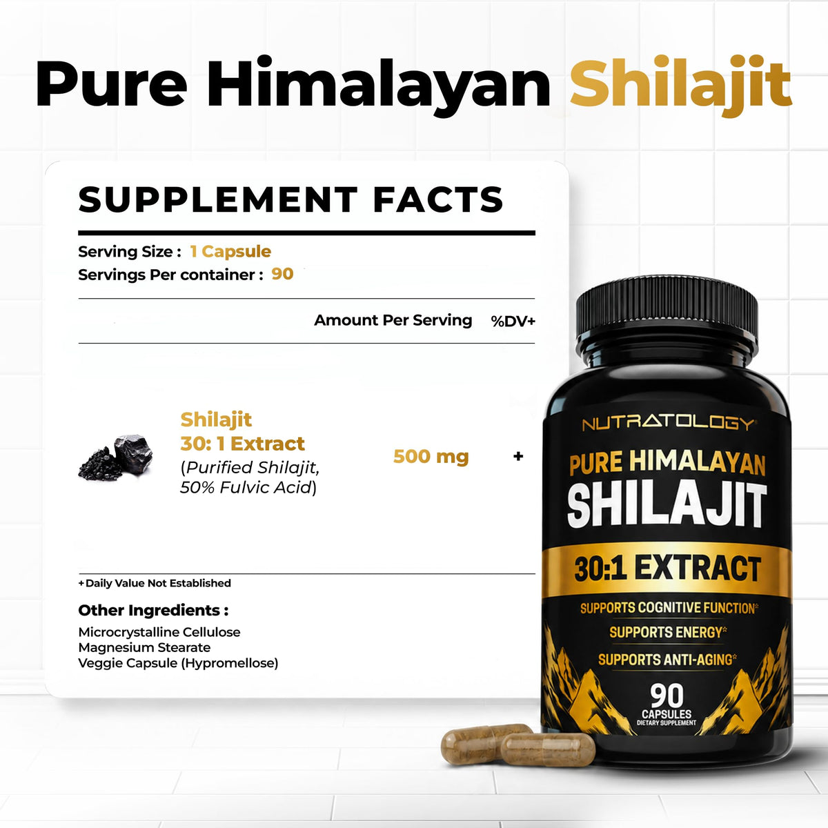Shilajit Nutratology 500mg avec vue rapprochée des capsules
