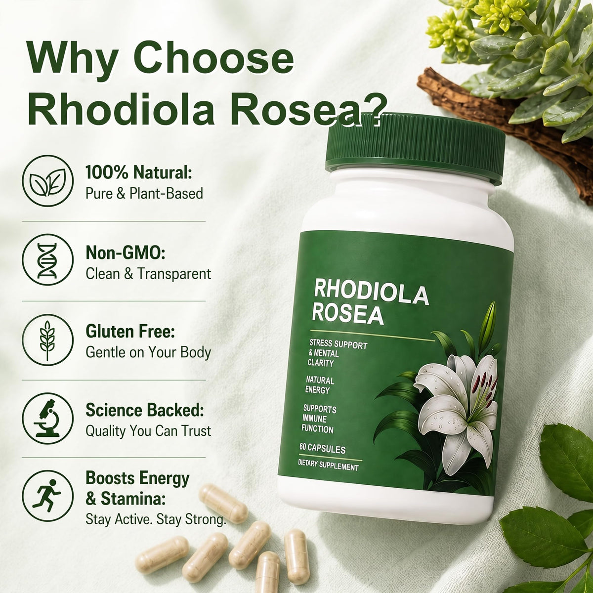 Shileoo Rhodiola Rosea 60 capsules avec étiquette