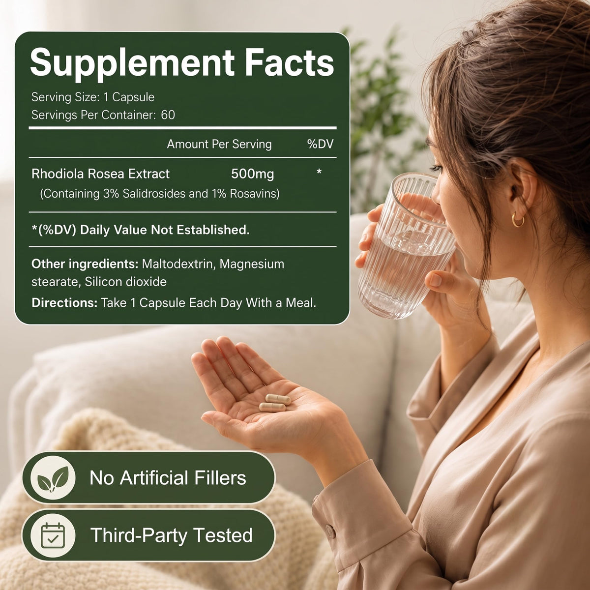 Shileoo Rhodiola Rosea 60 capsules avec ingrédients affichés