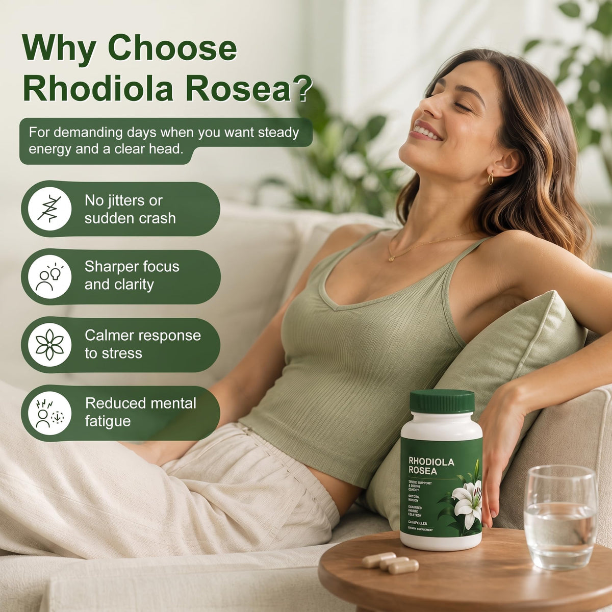 Shileoo Rhodiola Rosea capsules sur une table en bois