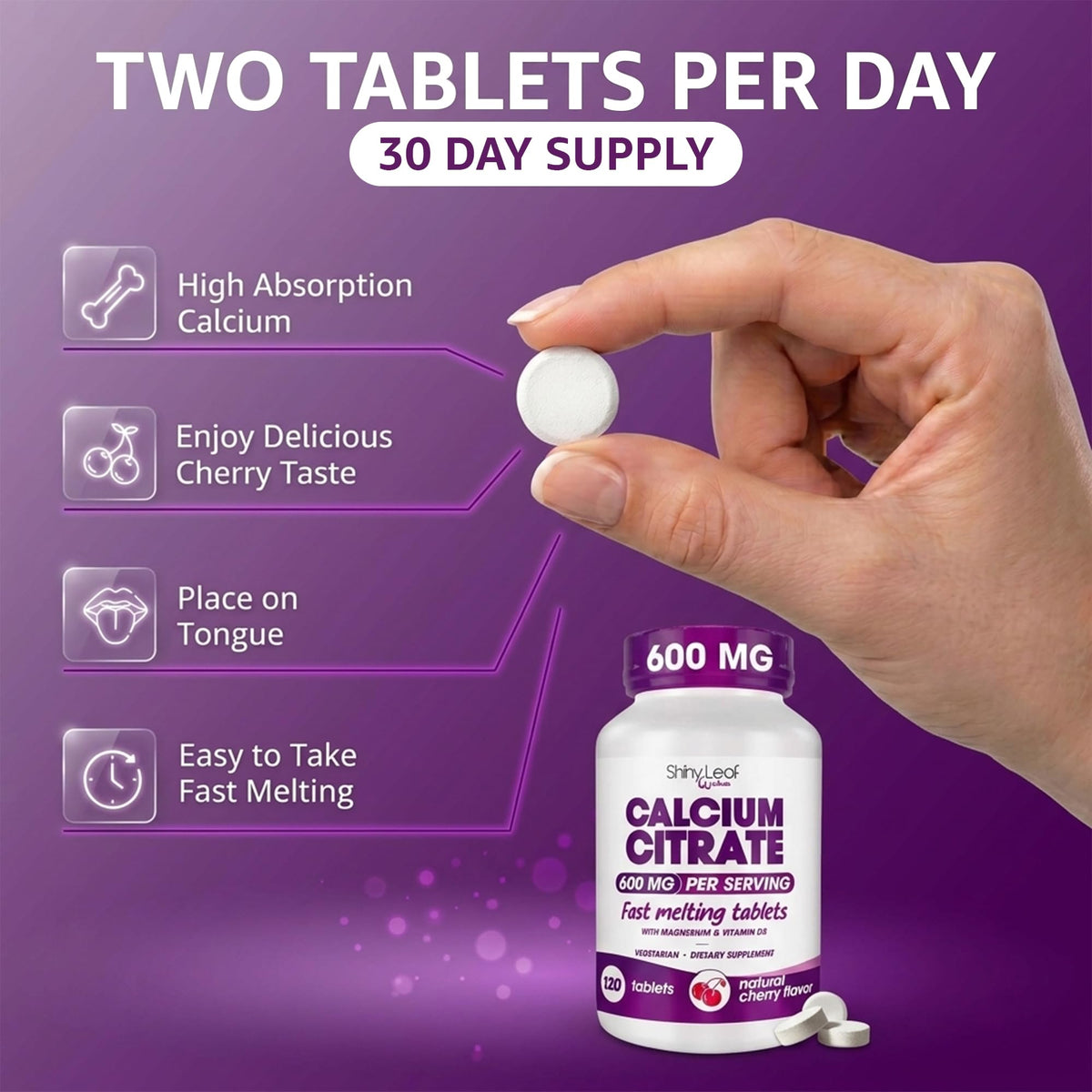 Shiny Leaf Calcium Citrate 600 mg avec D3 et Magnésium