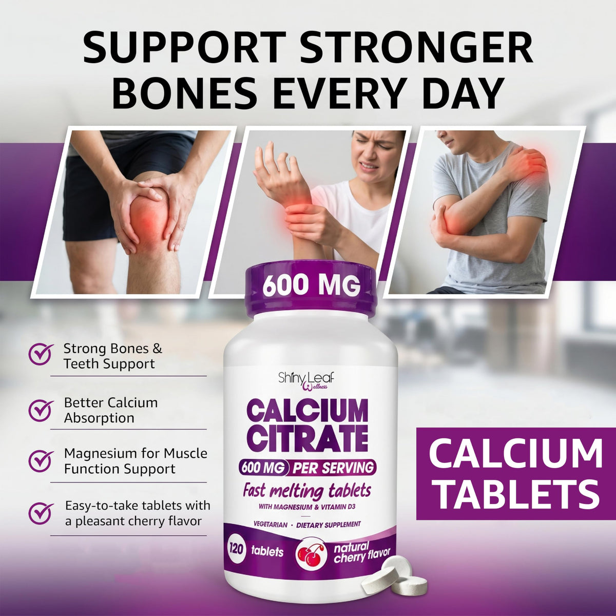 Shiny Leaf Calcium Citrate 600 mg comprimés cerise sur fond blanc