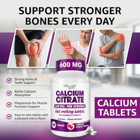 Shiny Leaf Calcium Citrate 600 mg comprimés cerise sur fond blanc