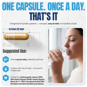 Shiny Leaf Multivitamines Bariatriques capsule à côté d'un verre d'eau
