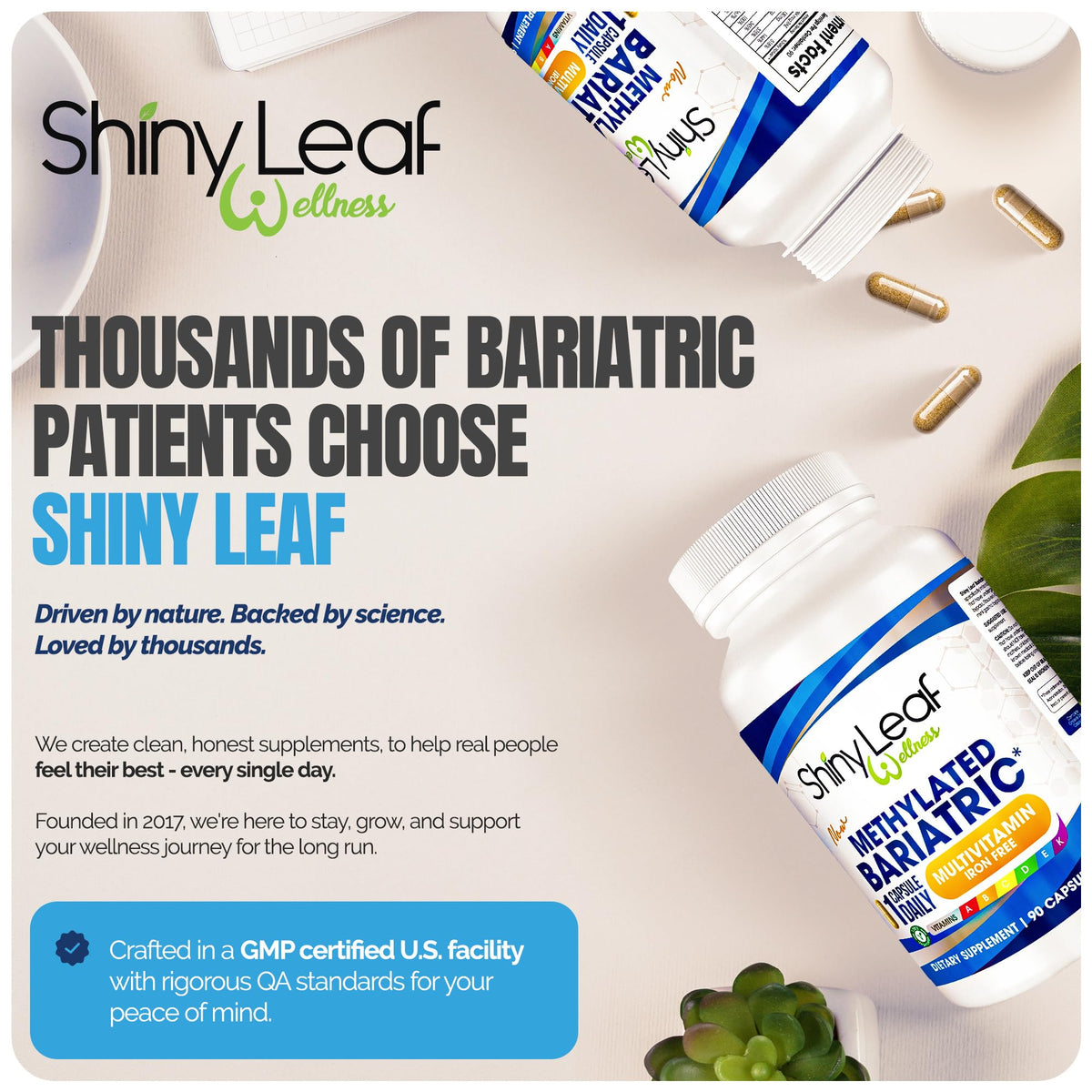 Shiny Leaf Multivitamines Bariatriques sur une surface en bois