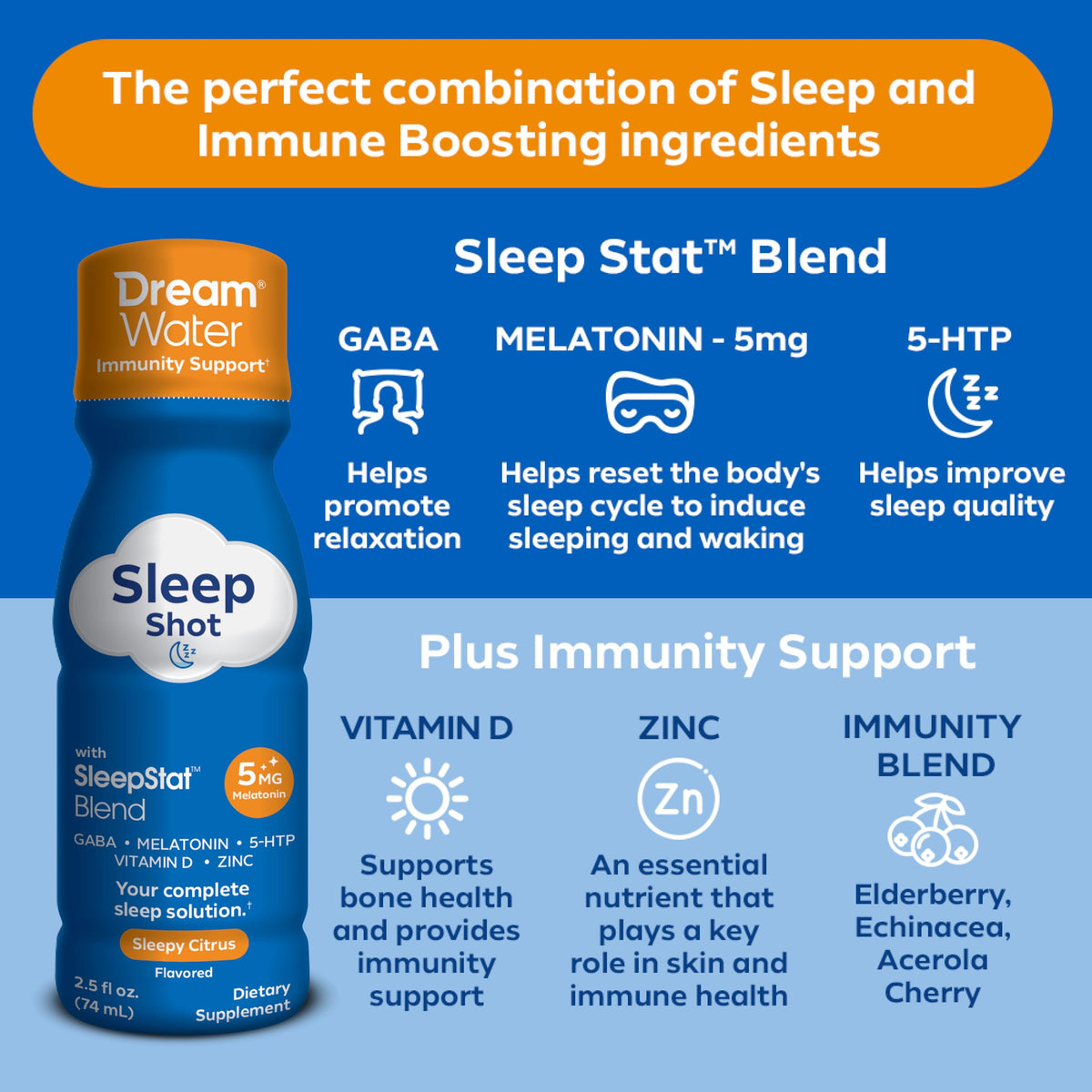 Shot de Dream Water en format liquide avec étiquette Sleepy Citrus