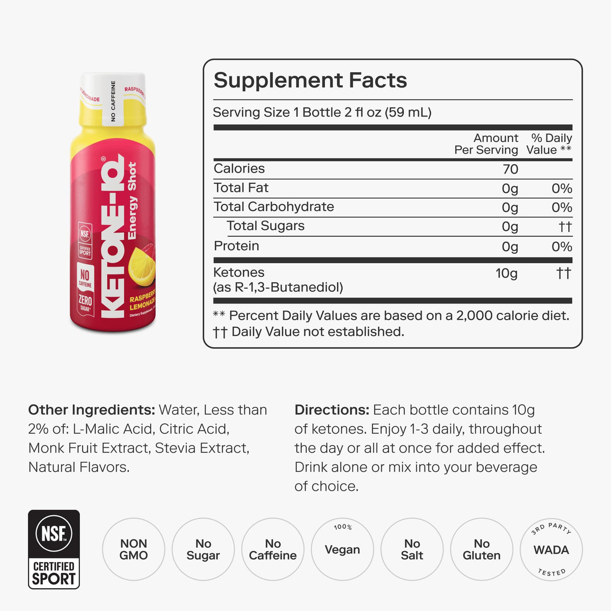 Shot Ketone-IQ sans caféine, vue de face, contenant 10g de cétones
