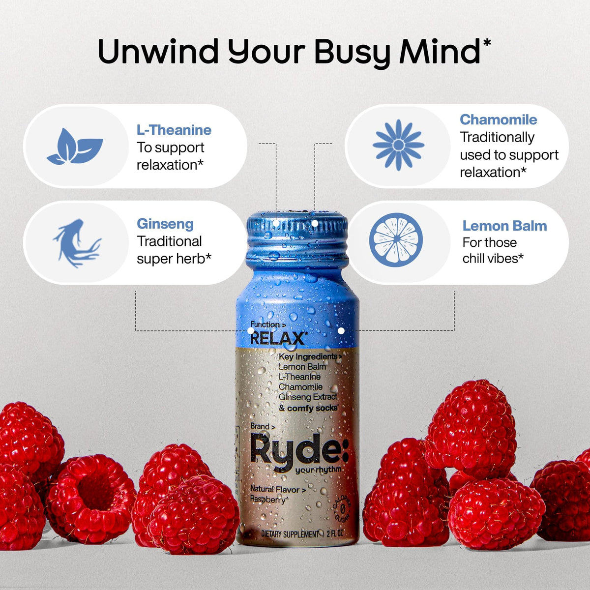 Shot RYDE daily wellness saveur framboise en format 60 ml