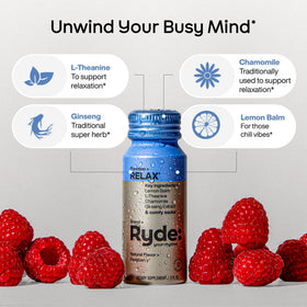Shot RYDE daily wellness saveur framboise en format 60 ml