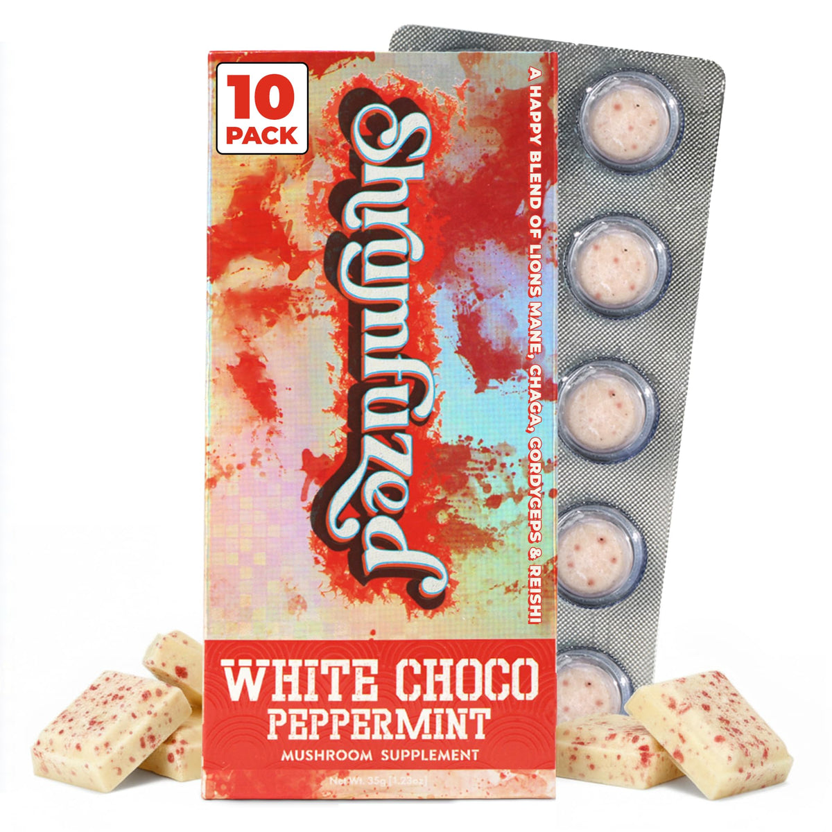 Shrumfuzed Chocolat aux Champignons, Chocolat Blanc Menthe, boîte de 10 pièces