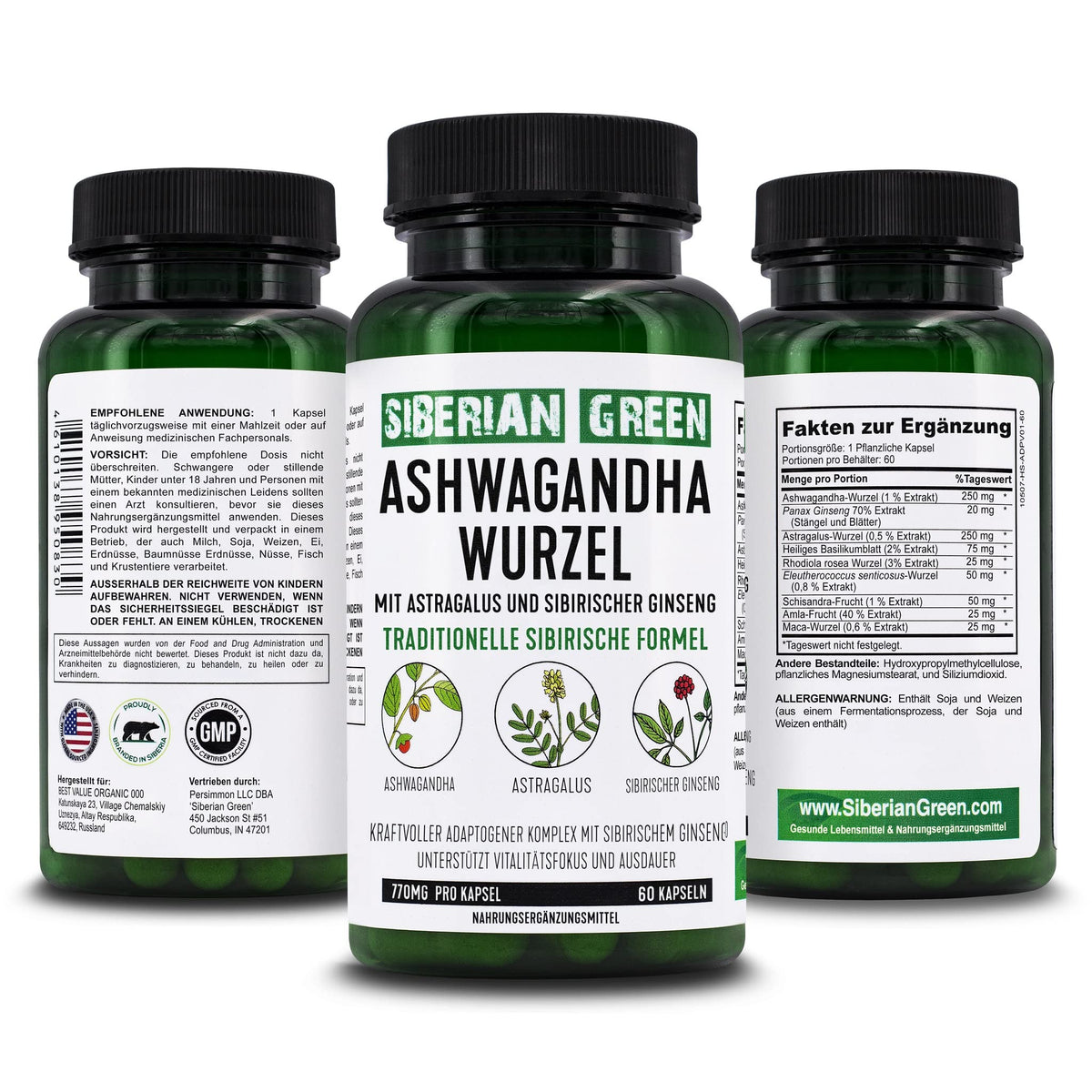 Siberian Green Ashwagandha capsules - étiquette et ingrédients
