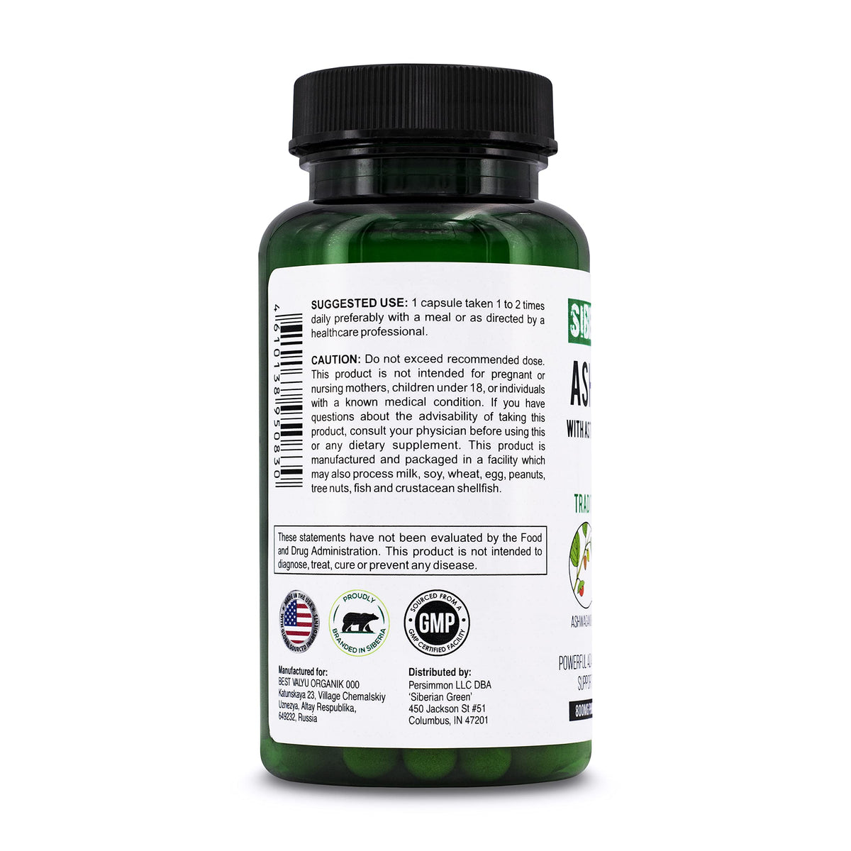 Siberian Green Ashwagandha - capsules sur une table