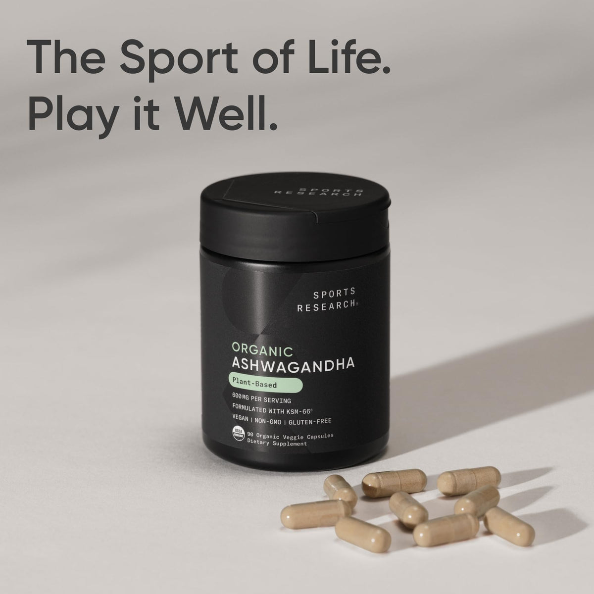 Side view of Sports Research Ashwagandha capsule bottle