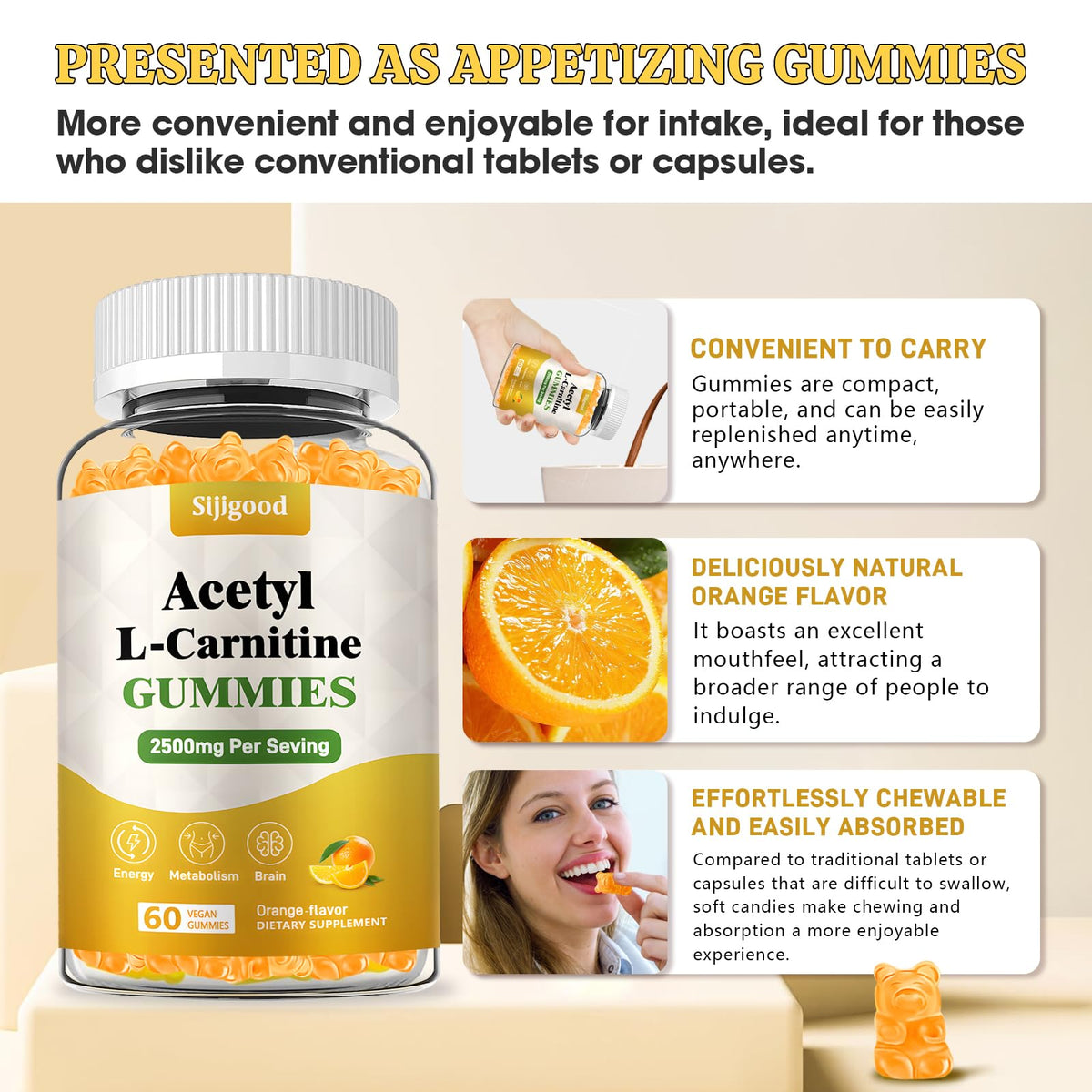 Sijigood Acétyl L-Carnitine gummies dans un bol blanc