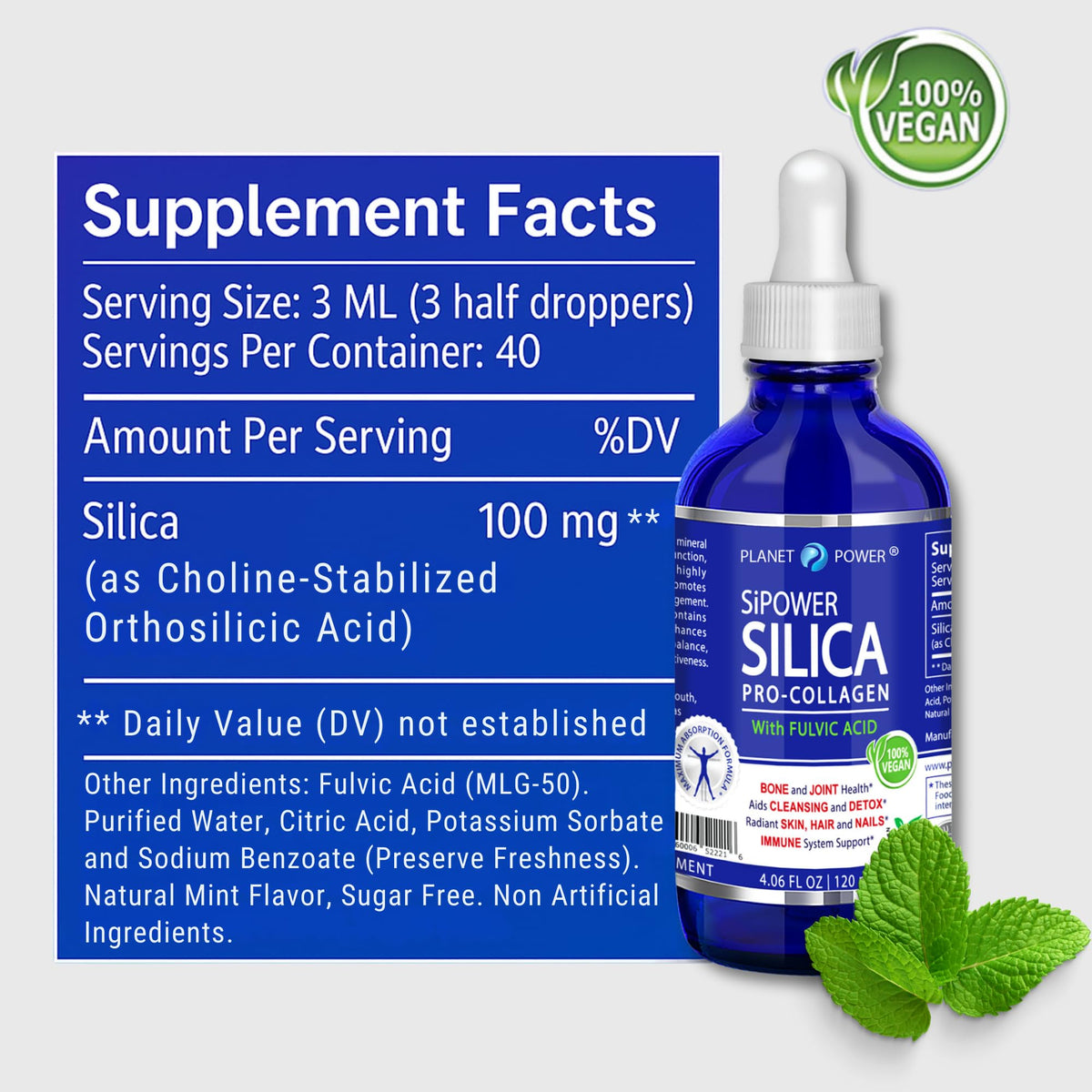 Silica Vegan Collagen 240g, avec ingrédients sur fond blanc