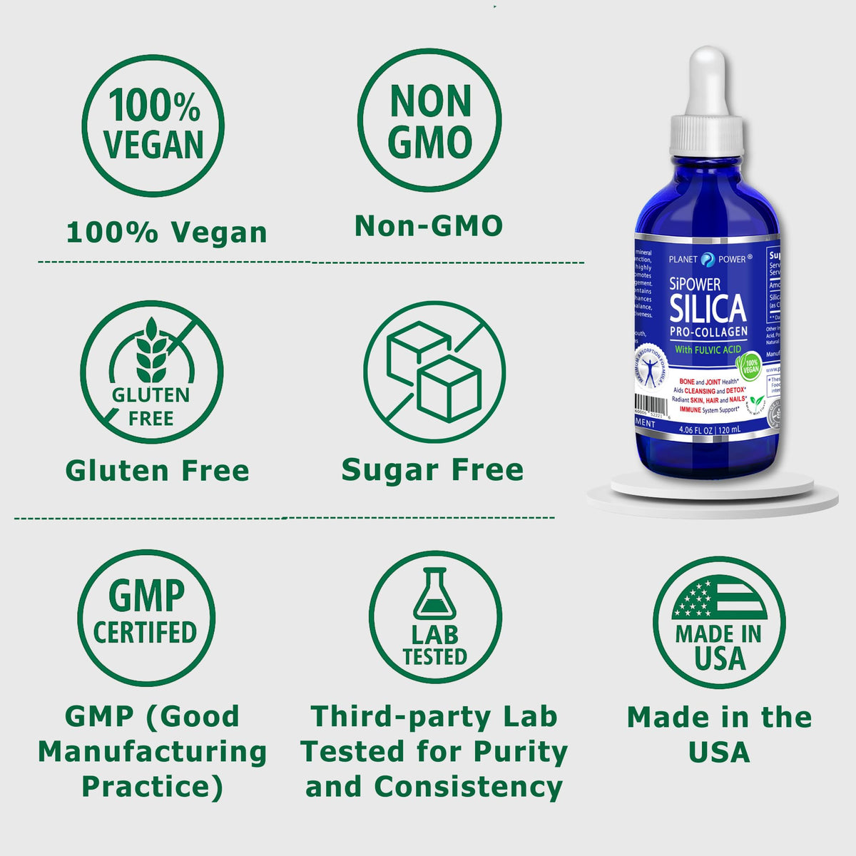 Silica Vegan Collagen 240g, bouteille ouverte montrant le liquide