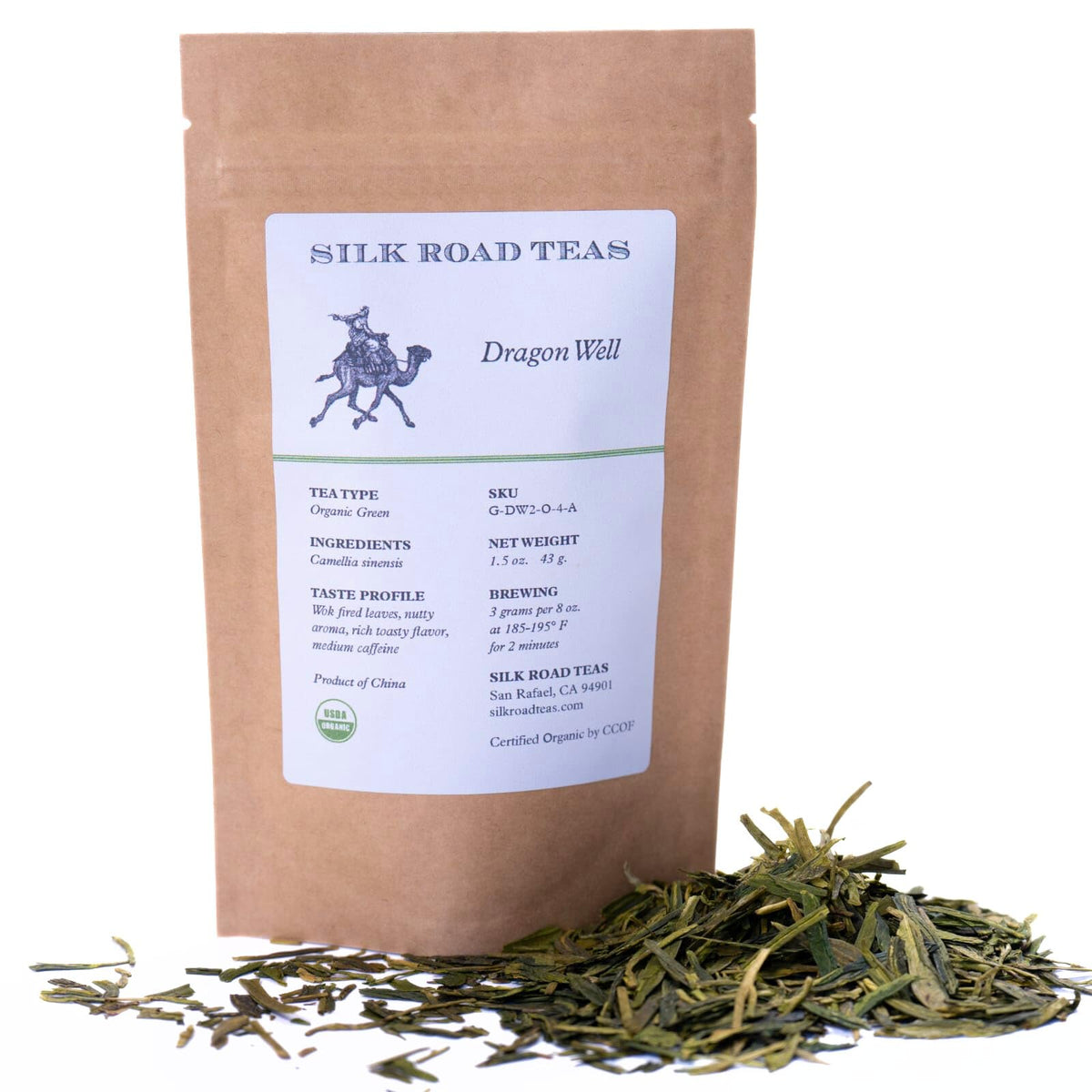 Silk Road Teas Thé Vert Longjing Bio 50g vue avant avec feuilles de thé