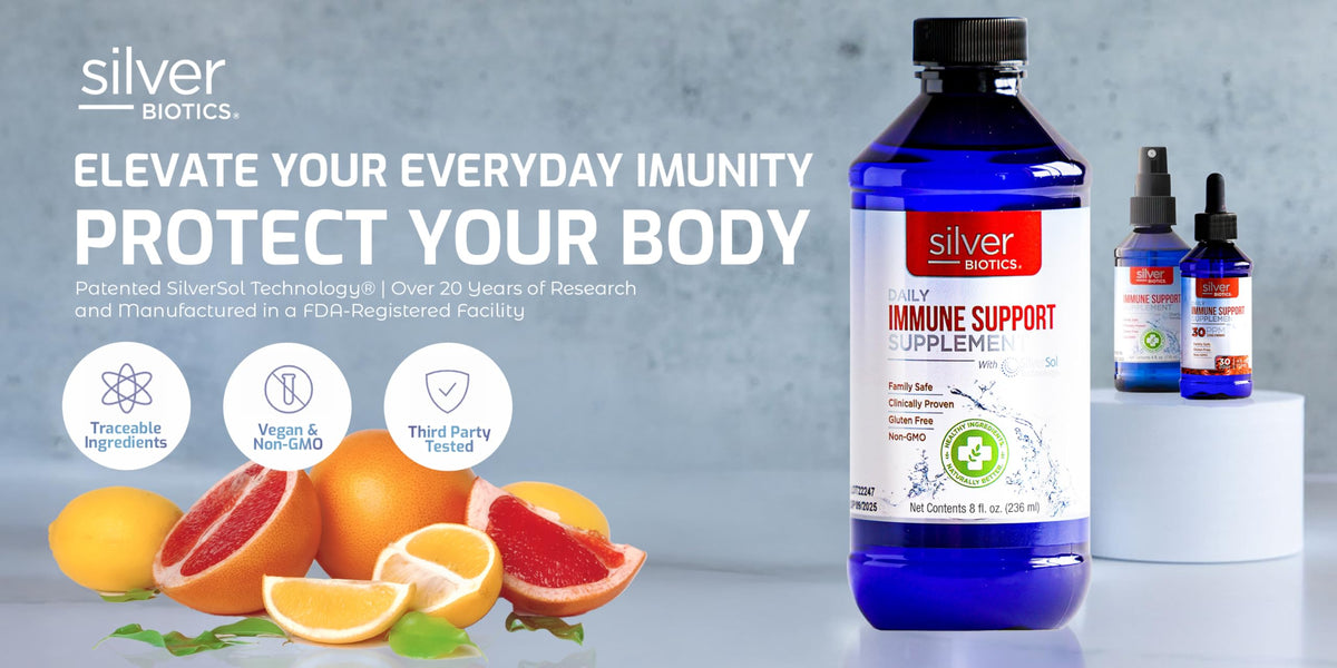 Silver Biotics 240 ml avec des ingrédients naturels en arrière-plan