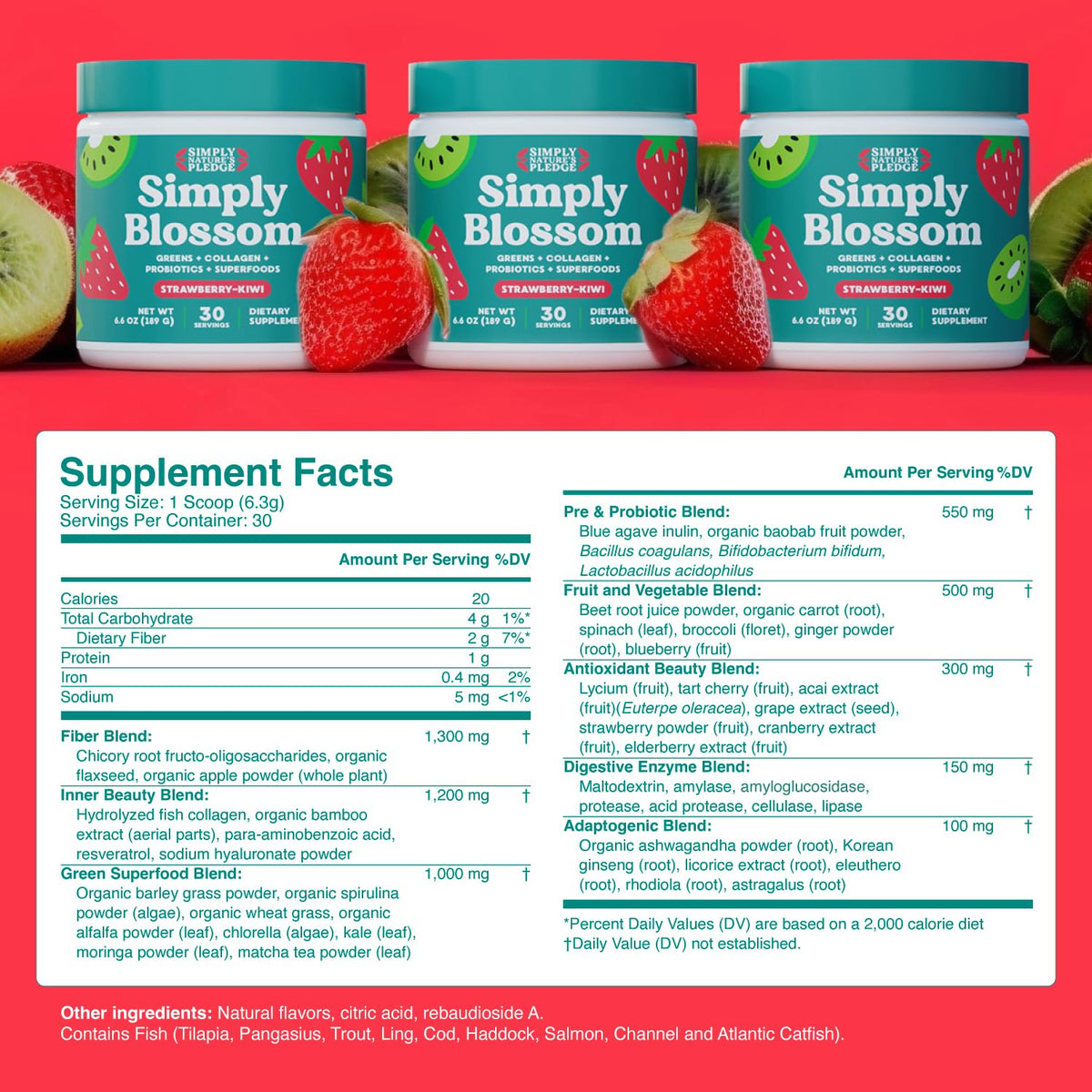 Simply Blossom Greens Poudre 567g Fraise Kiwi - étiquette