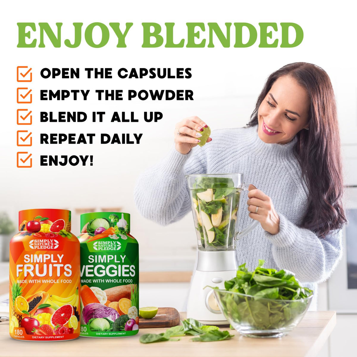 Simply Nature's Pledge Complément Alimentaire Fruits & Légumes sur une table avec des fruits