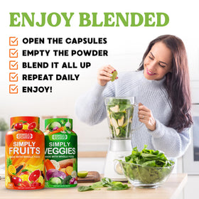 Simply Nature's Pledge Complément Alimentaire Fruits & Légumes sur une table avec des fruits