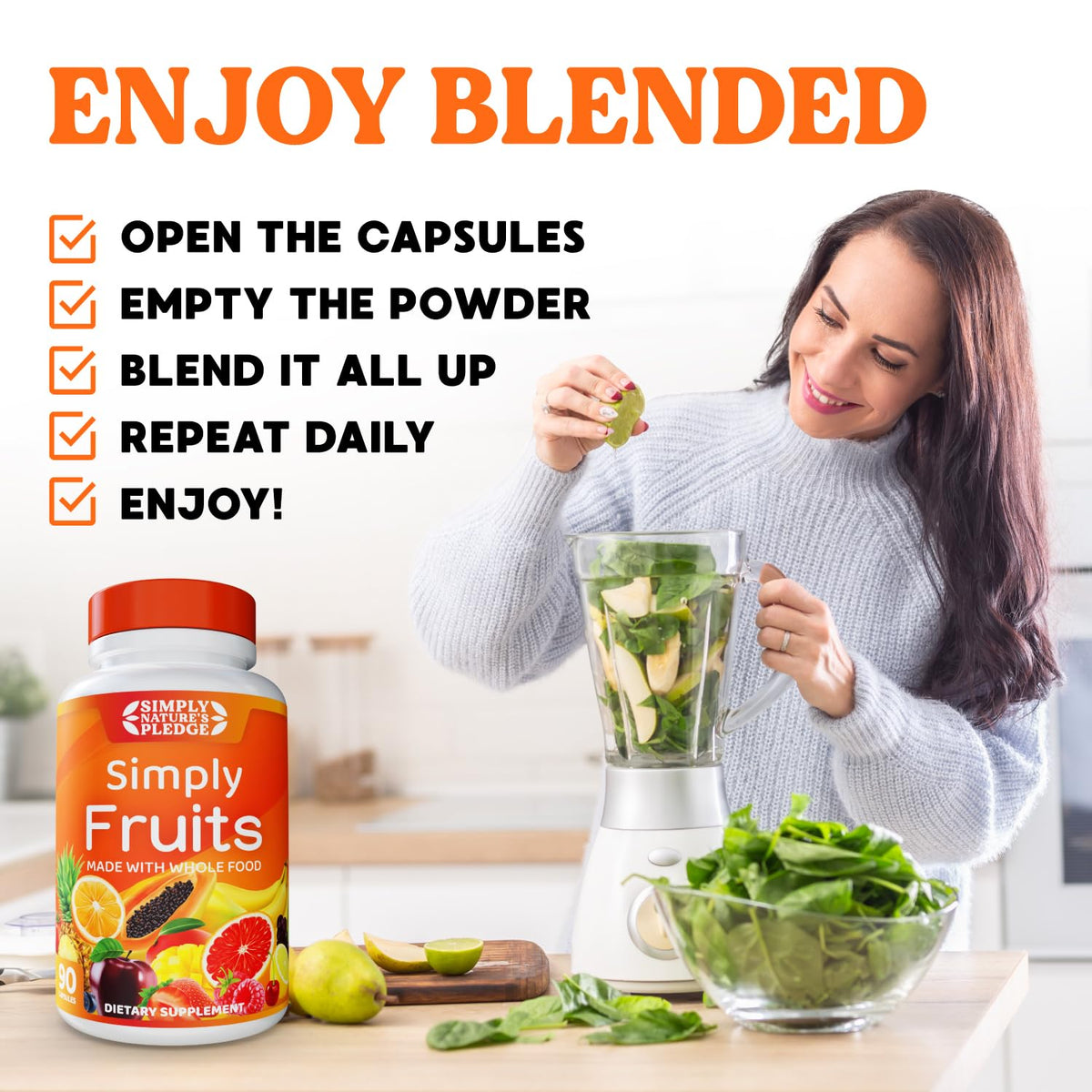 Simply Nature's Pledge Complément Alimentaire Fruits Superfood 30 Jours sur fond blanc