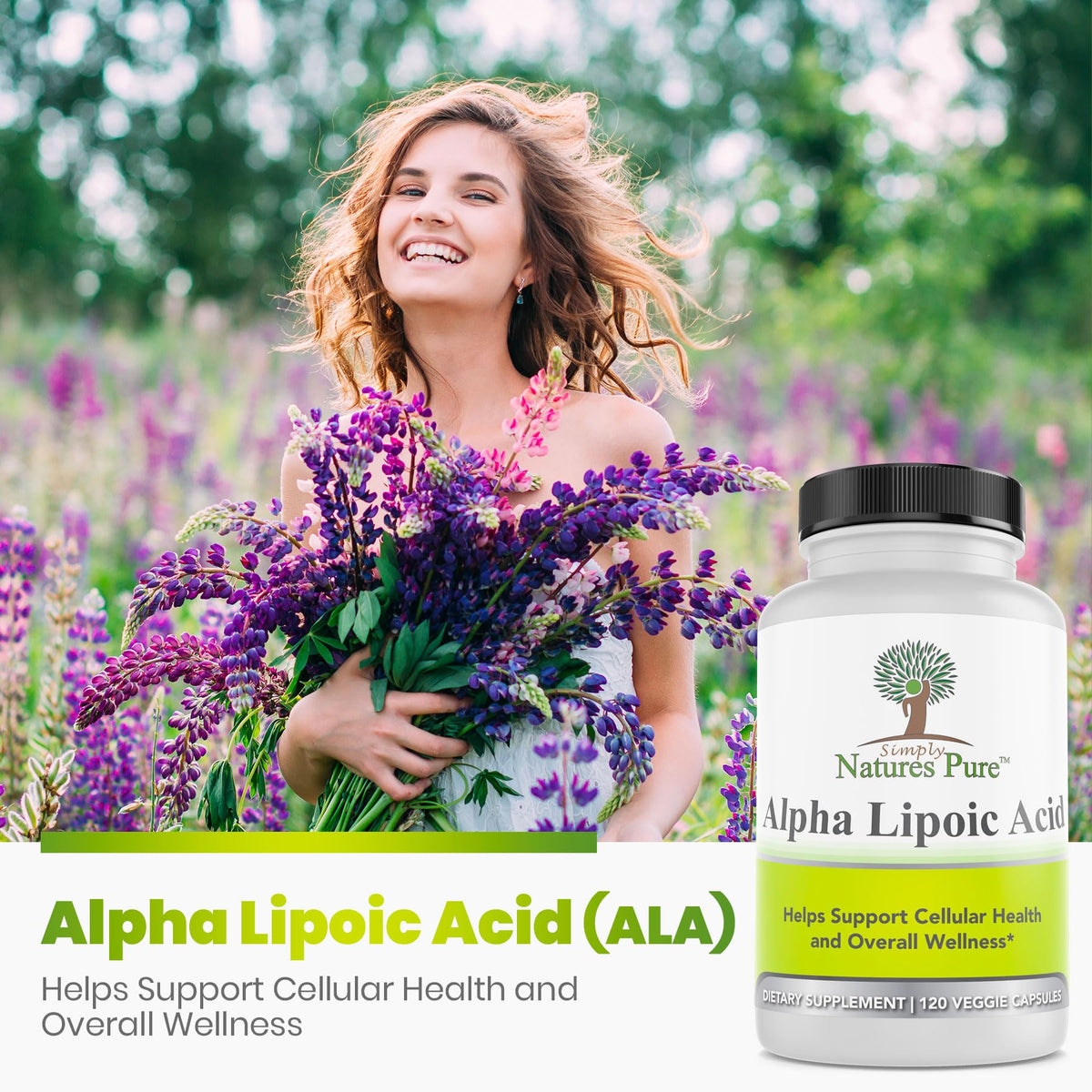 Simply Natures Pure Acide Alpha-Lipoïque 600mg, vue latérale de l'emballage