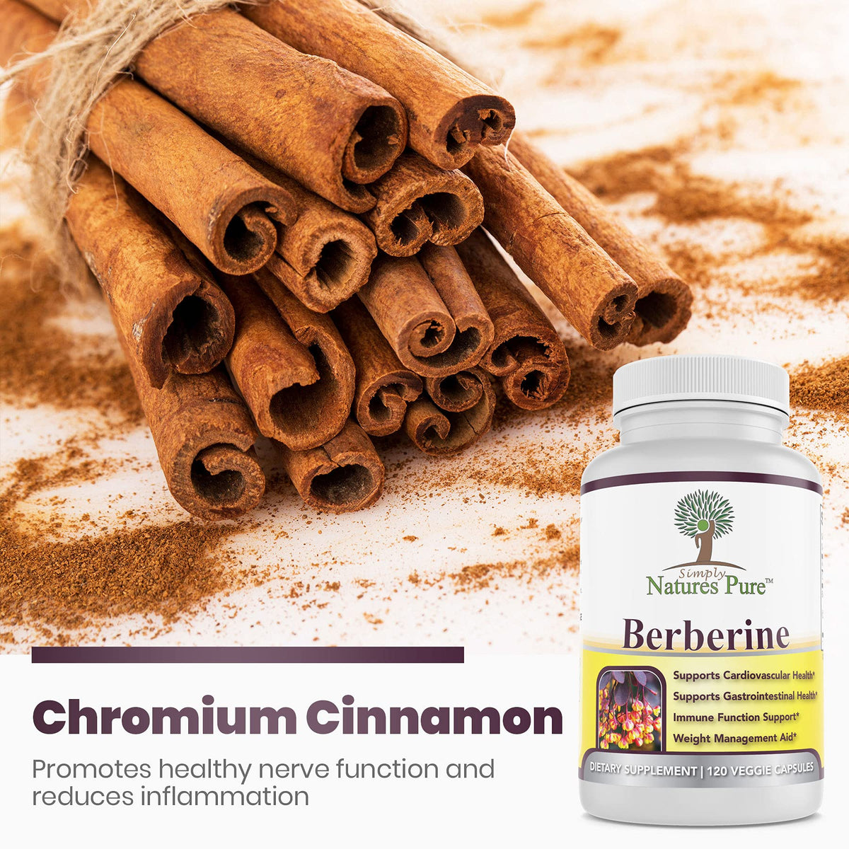 Simply Natures Pure Berberine HCl 500mg 120 Capsules à côté d'un verre d'eau