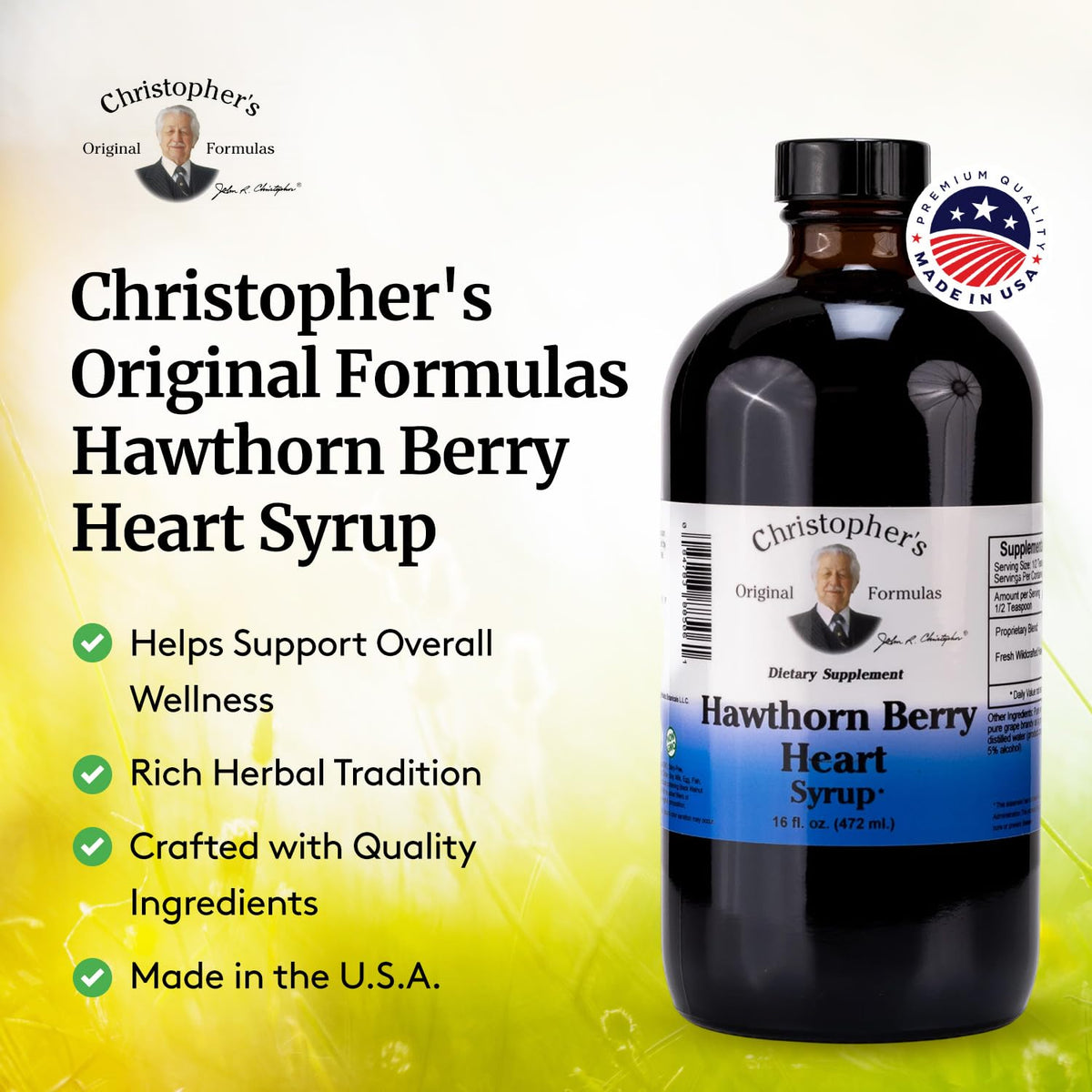 Sirop de Baies d'Aubépine Christopher's 480 ml sur un fond en bois
