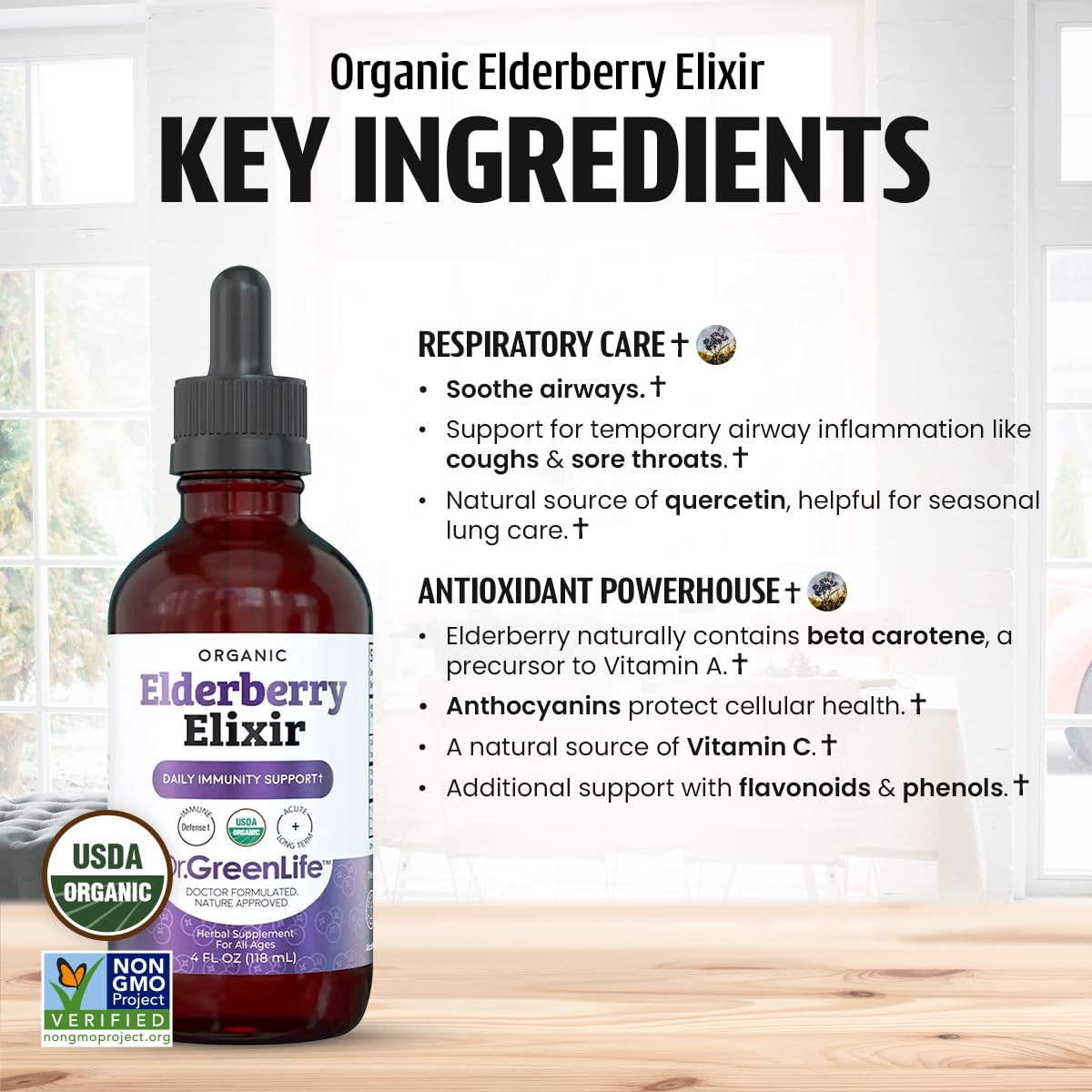 Sirop de sureau bio Dr. Green Mom dans un verre avec des baies