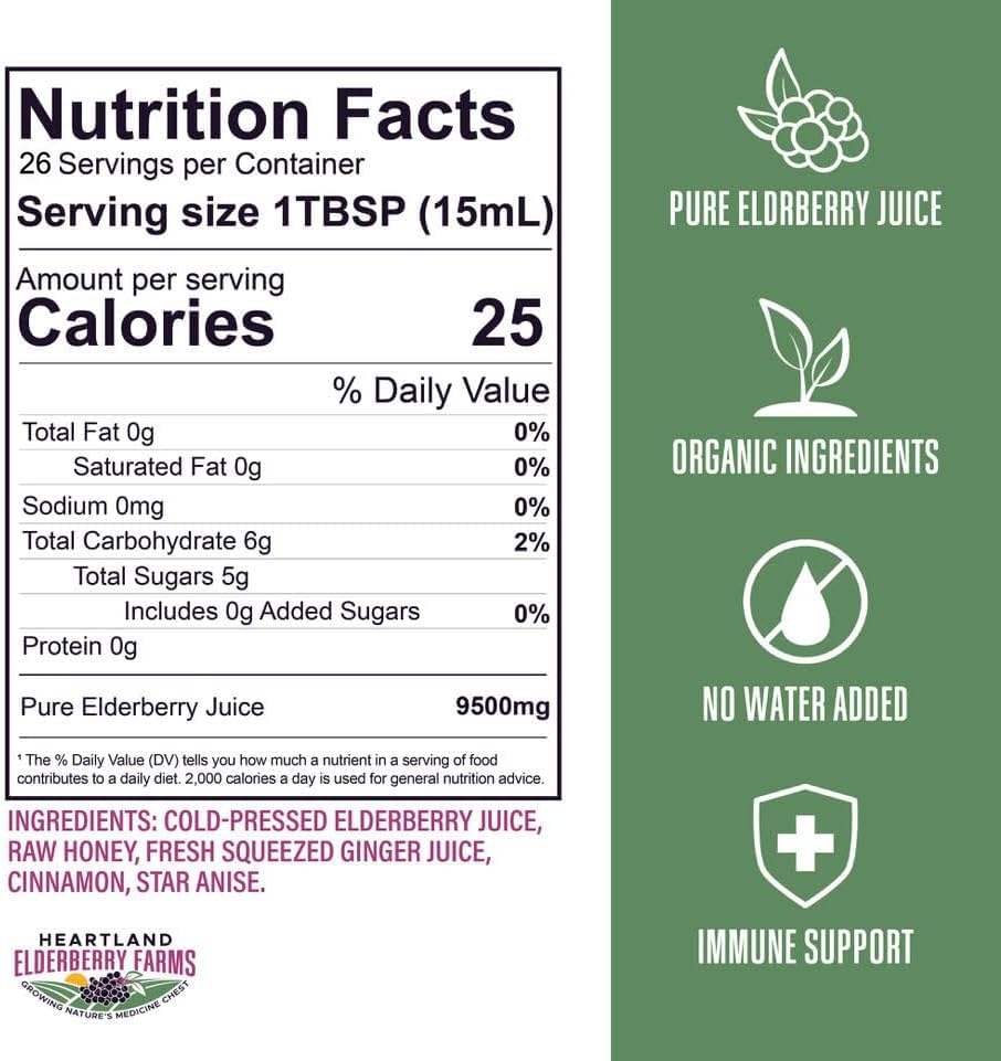 Sirop de sureau bio Heartland 375 ml, étiquette et contenu