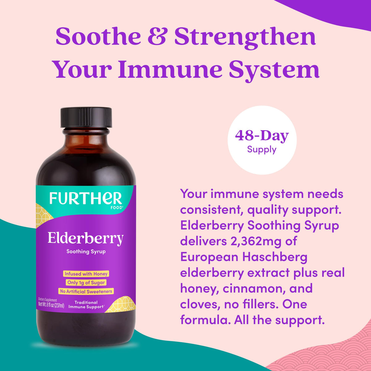 Sirop de Sureau Further Food sur un fond en bois