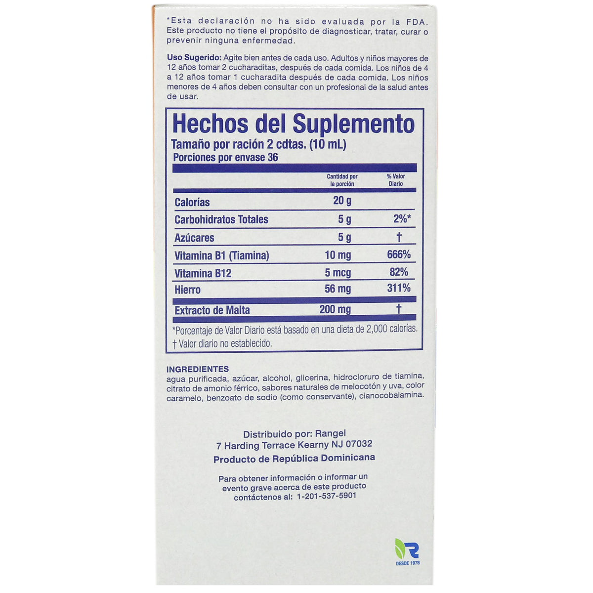 Sirop Rangel de minéraux et vitamines 12 OZ à côté d'un verre