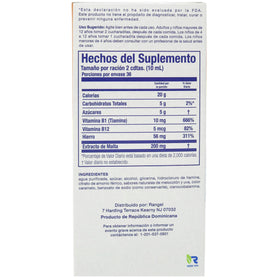 Sirop Rangel de minéraux et vitamines 12 OZ à côté d'un verre